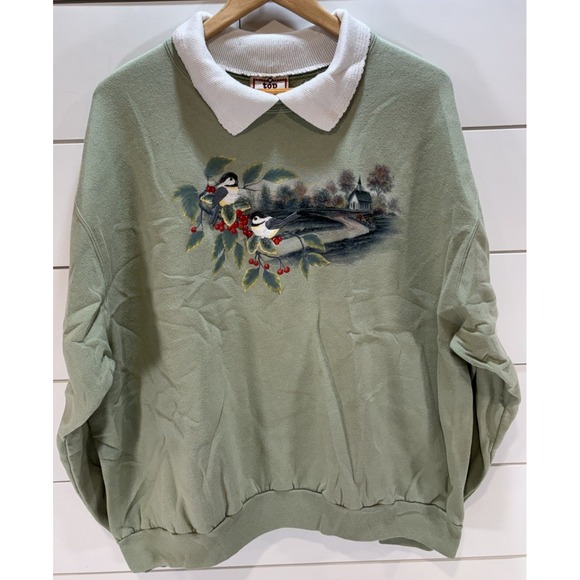 Top Stitch by Morning Sun Tops - Top Stitch by Morning Sun Collared Bird Country Cabin Light Green Sweatshirt 3XL